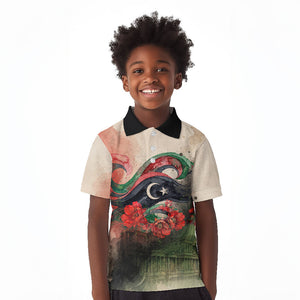 Libya Revolution Day Kid Polo Shirt Libyan National Pride Watercolor Flag Waves Floral