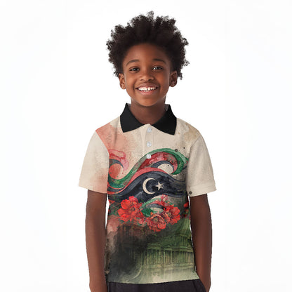 Libya Revolution Day Kid Polo Shirt Libyan National Pride Watercolor Flag Waves Floral