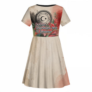 Libya Revolution Day Kid Short Sleeve Dress Libyan National Pride Watercolor Flag Waves Floral