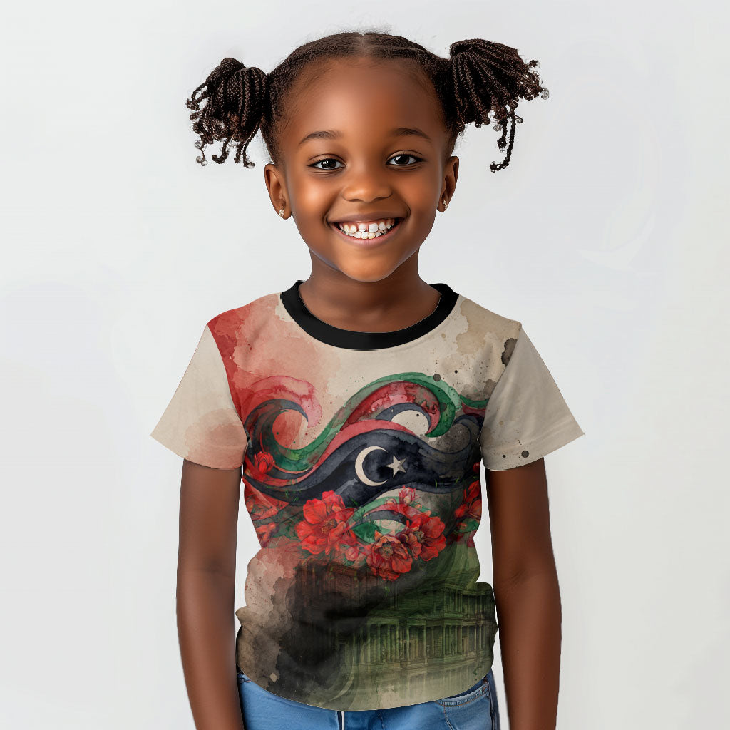 Libya Revolution Day Kid T shirt Libyan National Pride Watercolor Flag Waves Floral