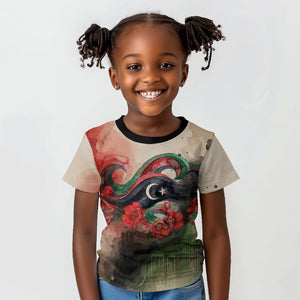Libya Revolution Day Kid T shirt Libyan National Pride Watercolor Flag Waves Floral