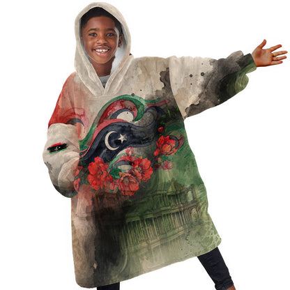 Libya Revolution Day Kid Wearable Blanket Hoodie Libyan National Pride Watercolor Flag Waves Floral