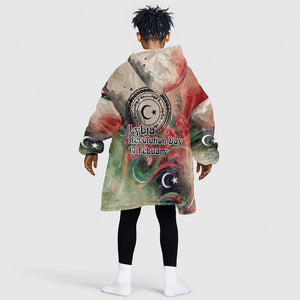 Libya Revolution Day Kid Wearable Blanket Hoodie Libyan National Pride Watercolor Flag Waves Floral