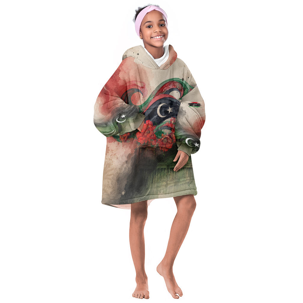 Libya Revolution Day Kid Wearable Blanket Hoodie Libyan National Pride Watercolor Flag Waves Floral