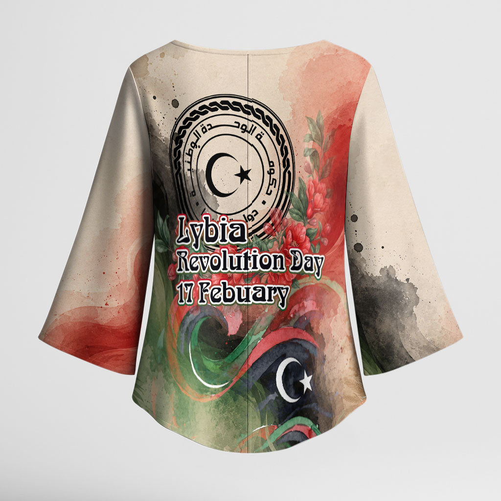 Libya Revolution Day Kimono Sleeve Blouse Libyan National Pride Watercolor Flag Waves Floral
