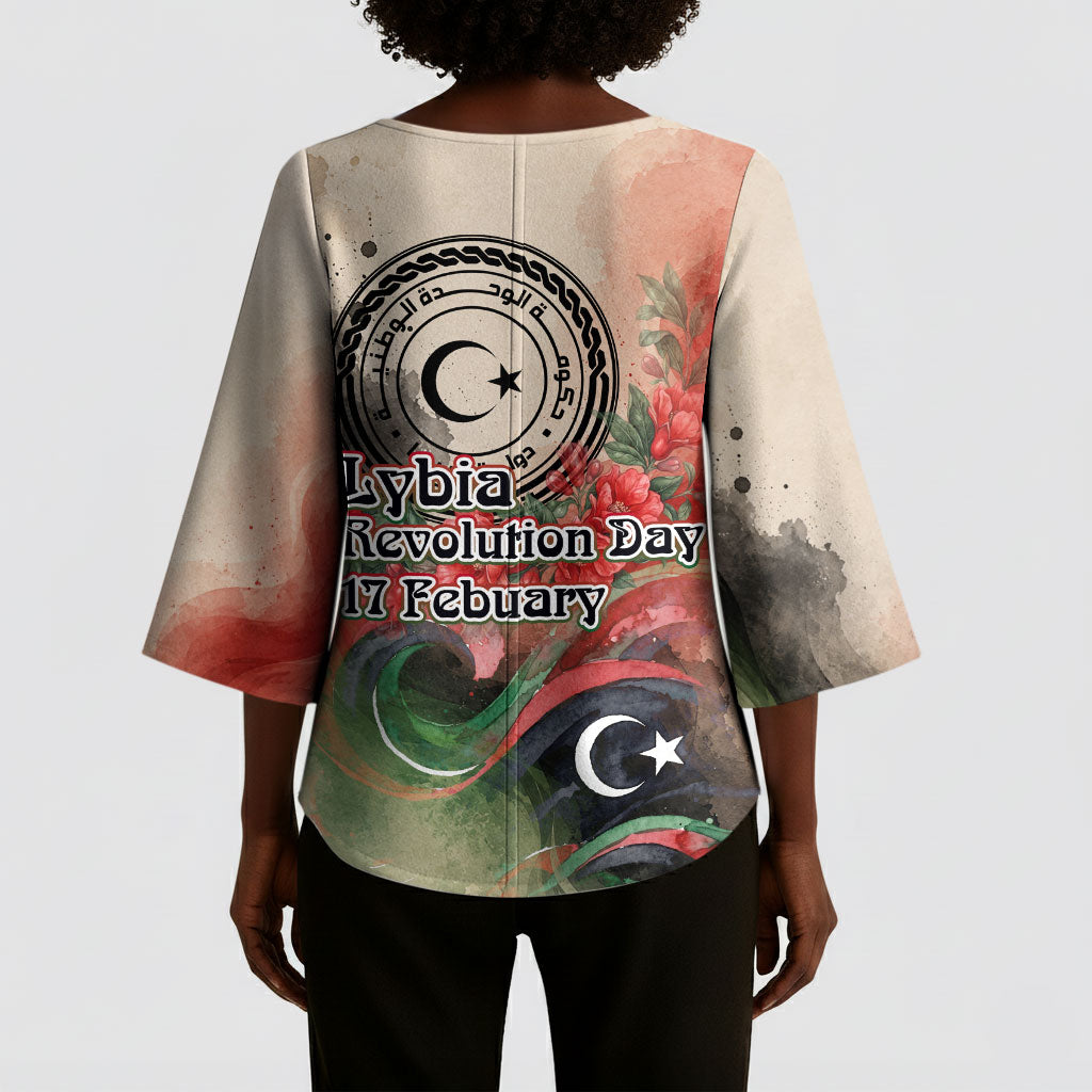 Libya Revolution Day Kimono Sleeve Blouse Libyan National Pride Watercolor Flag Waves Floral