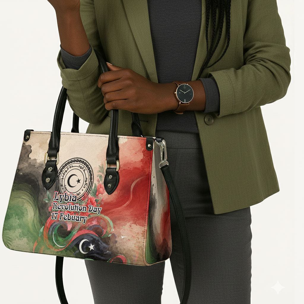 Libya Revolution Day Leather Bag Libyan National Pride Watercolor Flag Waves Floral