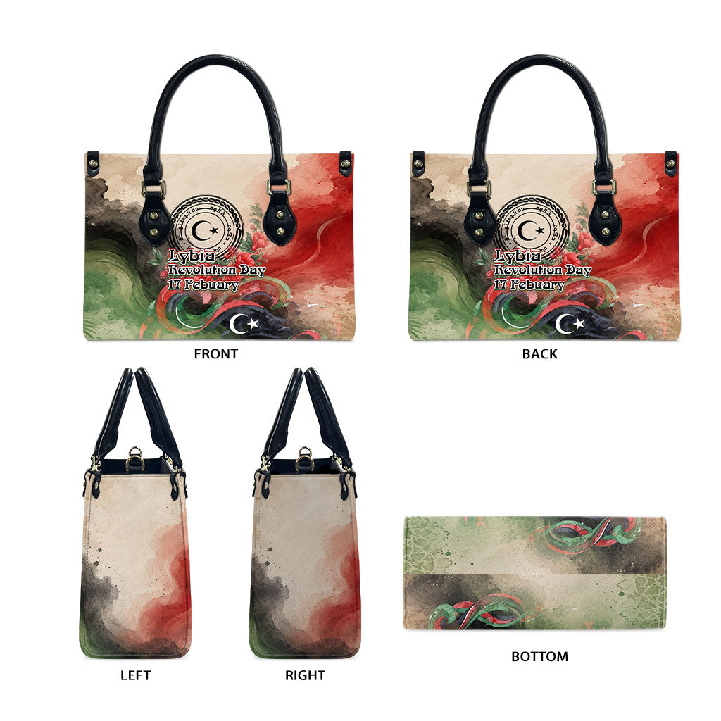 Libya Revolution Day Leather Bag Libyan National Pride Watercolor Flag Waves Floral