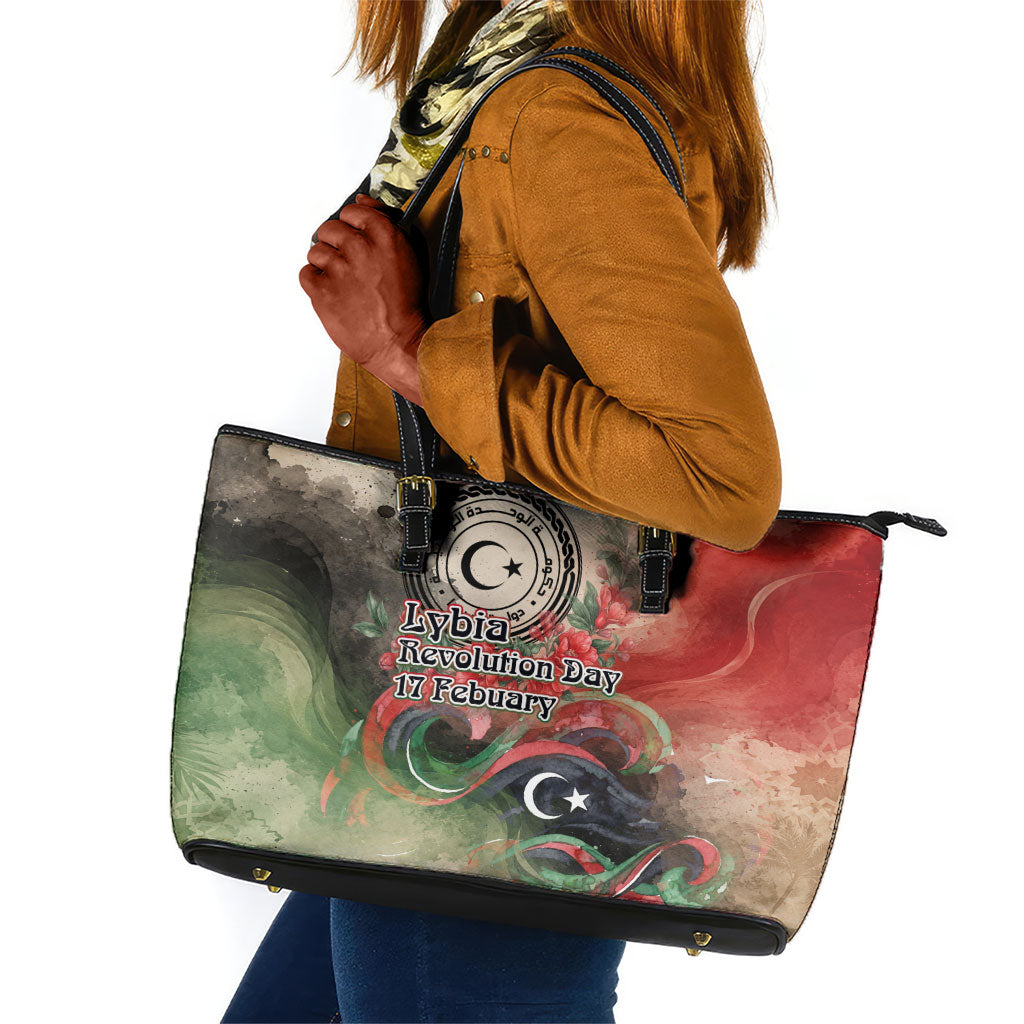 Libya Revolution Day Leather Tote Bag Libyan National Pride Watercolor Flag Waves Floral