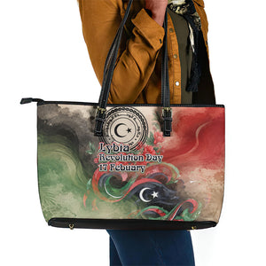 Libya Revolution Day Leather Tote Bag Libyan National Pride Watercolor Flag Waves Floral