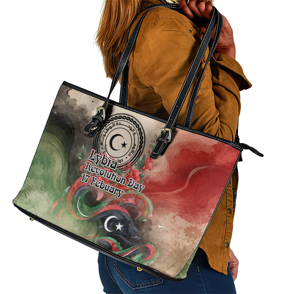 Libya Revolution Day Leather Tote Bag Libyan National Pride Watercolor Flag Waves Floral