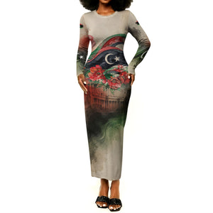 Libya Revolution Day Long Sleeve Bodycon Dress Libyan National Pride Watercolor Flag Waves Floral