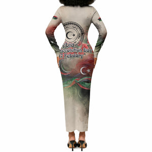 Libya Revolution Day Long Sleeve Bodycon Dress Libyan National Pride Watercolor Flag Waves Floral