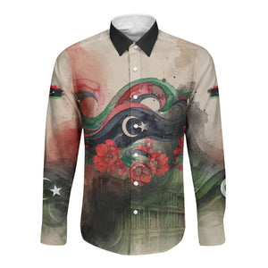 Libya Revolution Day Long Sleeve Button Shirt Libyan National Pride Watercolor Flag Waves Floral
