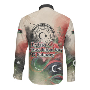 Libya Revolution Day Long Sleeve Button Shirt Libyan National Pride Watercolor Flag Waves Floral