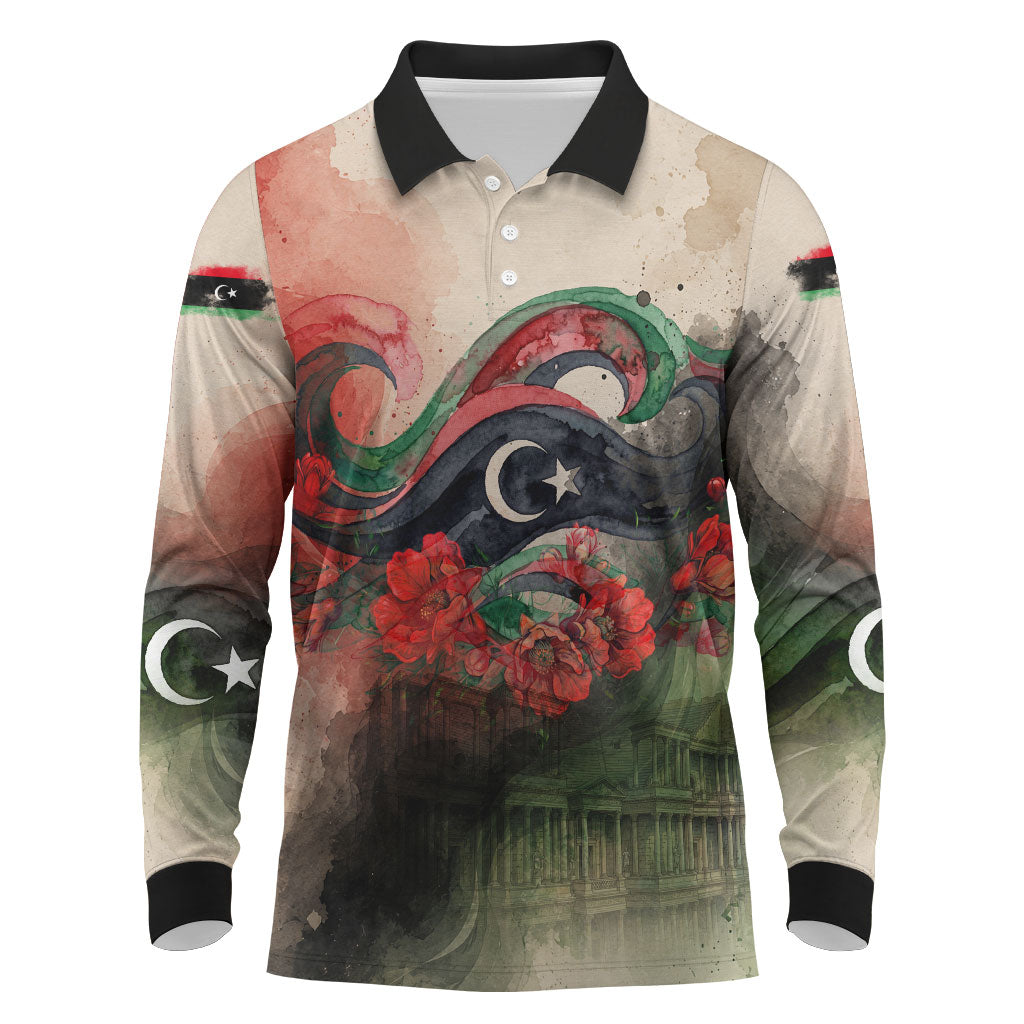Libya Revolution Day Long Sleeve Polo Shirt Libyan National Pride Watercolor Flag Waves Floral