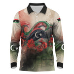 Libya Revolution Day Long Sleeve Polo Shirt Libyan National Pride Watercolor Flag Waves Floral