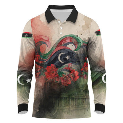 Libya Revolution Day Long Sleeve Polo Shirt Libyan National Pride Watercolor Flag Waves Floral