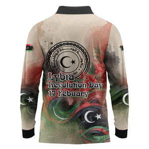Libya Revolution Day Long Sleeve Polo Shirt Libyan National Pride Watercolor Flag Waves Floral