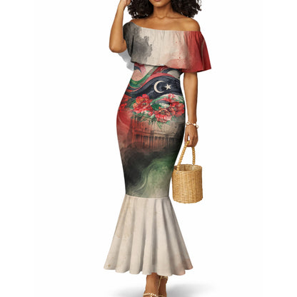 Libya Revolution Day Mermaid Dress Libyan National Pride Watercolor Flag Waves Floral