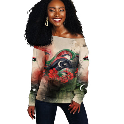 Libya Revolution Day Off Shoulder Sweater Libyan National Pride Watercolor Flag Waves Floral