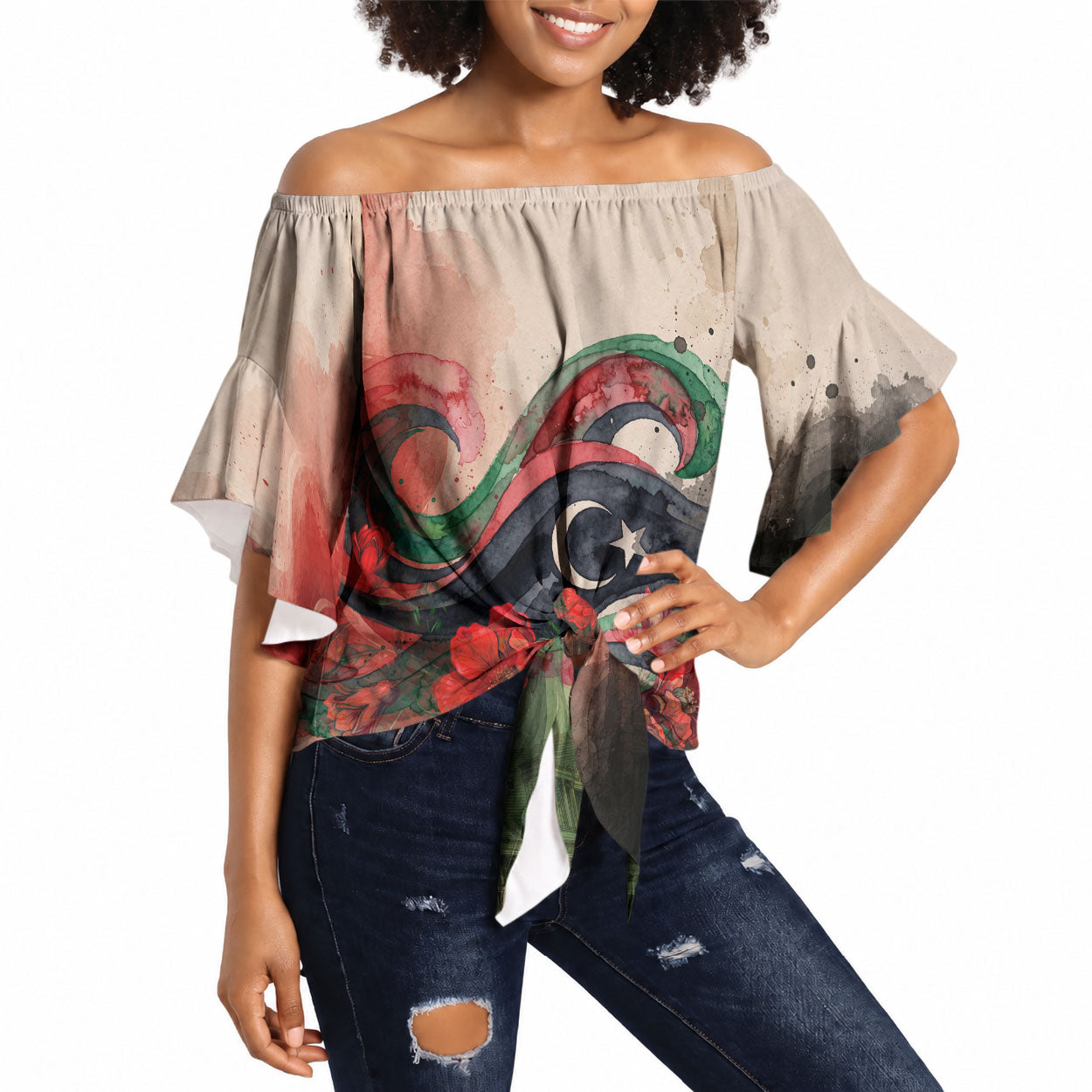 Libya Revolution Day Off Shoulder Wrap Waist Top Libyan National Pride Watercolor Flag Waves Floral