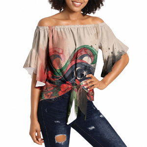 Libya Revolution Day Off Shoulder Wrap Waist Top Libyan National Pride Watercolor Flag Waves Floral