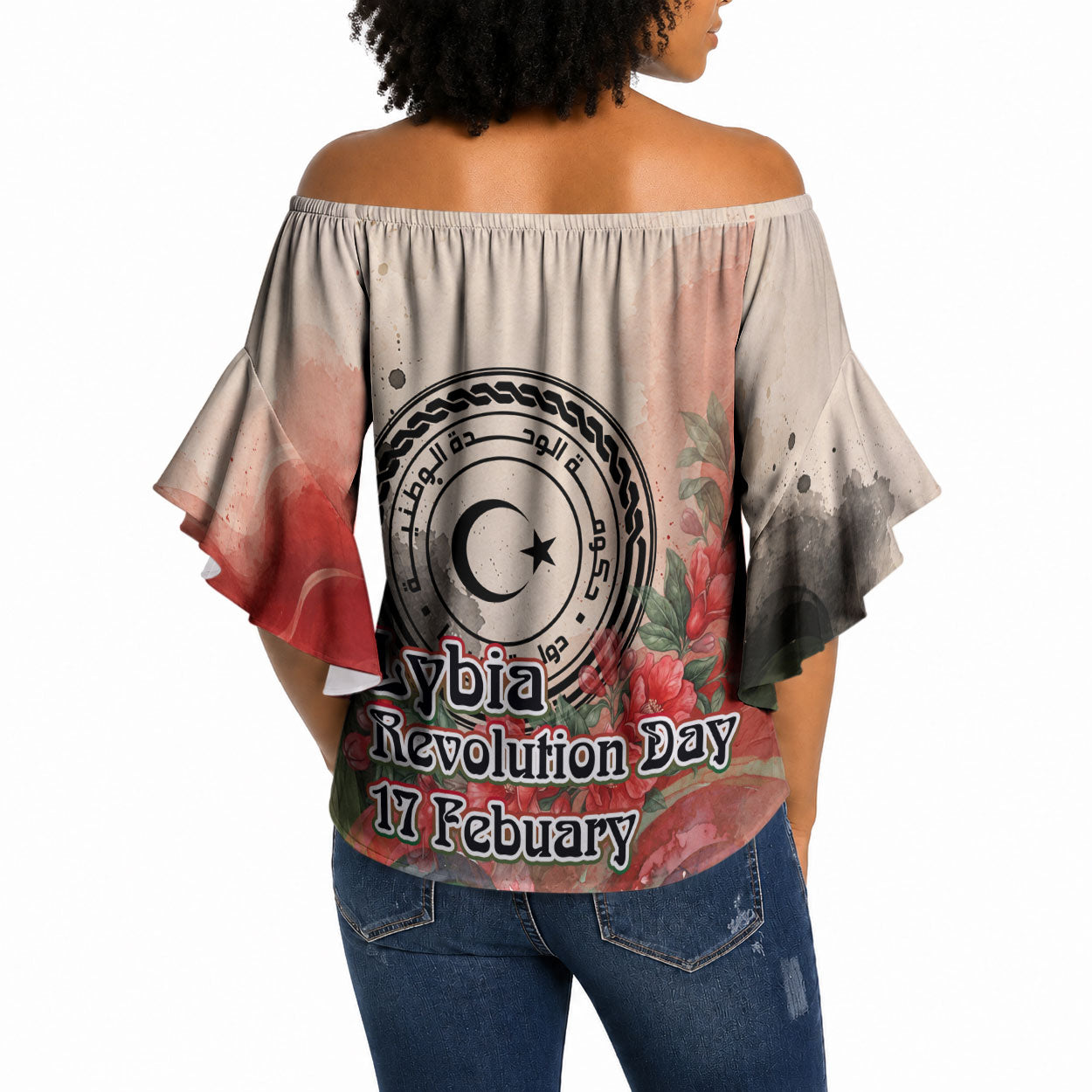 Libya Revolution Day Off Shoulder Wrap Waist Top Libyan National Pride Watercolor Flag Waves Floral