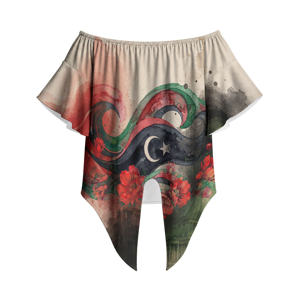 Libya Revolution Day Off Shoulder Wrap Waist Top Libyan National Pride Watercolor Flag Waves Floral