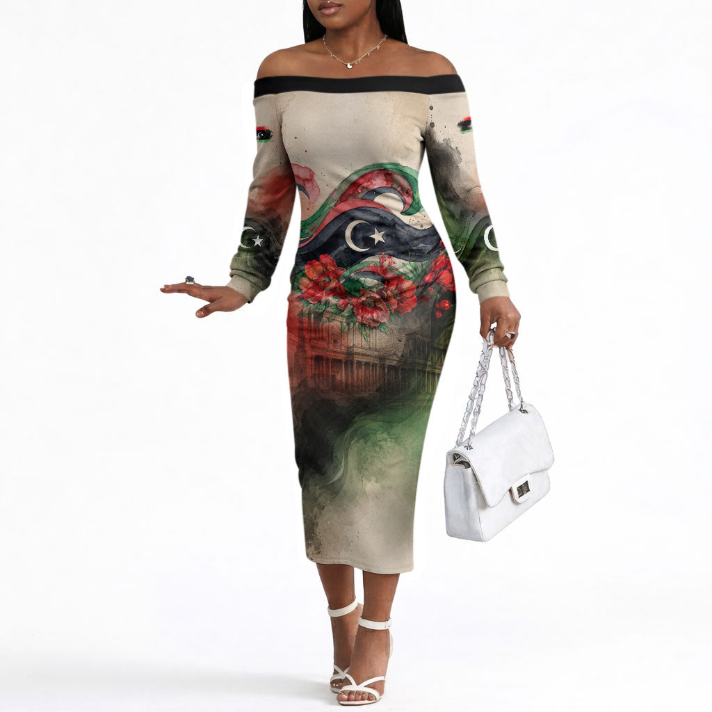 Libya Revolution Day Off The Shoulder Long Sleeve Dress Libyan National Pride Watercolor Flag Waves Floral