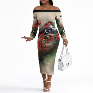 Libya Revolution Day Off The Shoulder Long Sleeve Dress Libyan National Pride Watercolor Flag Waves Floral