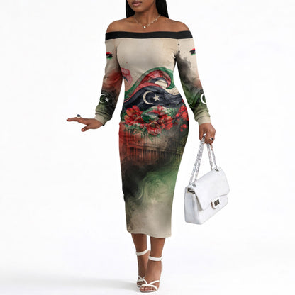 Libya Revolution Day Off The Shoulder Long Sleeve Dress Libyan National Pride Watercolor Flag Waves Floral