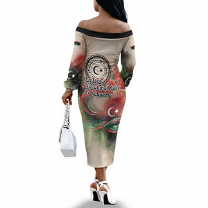 Libya Revolution Day Off The Shoulder Long Sleeve Dress Libyan National Pride Watercolor Flag Waves Floral