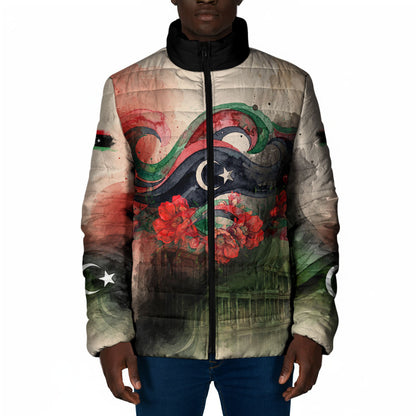 Libya Revolution Day Padded Jacket Libyan National Pride Watercolor Flag Waves Floral