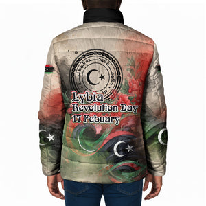 Libya Revolution Day Padded Jacket Libyan National Pride Watercolor Flag Waves Floral