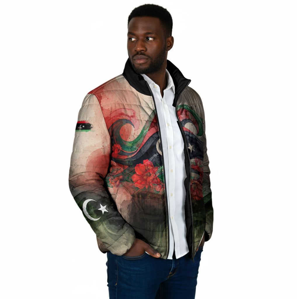 Libya Revolution Day Padded Jacket Libyan National Pride Watercolor Flag Waves Floral
