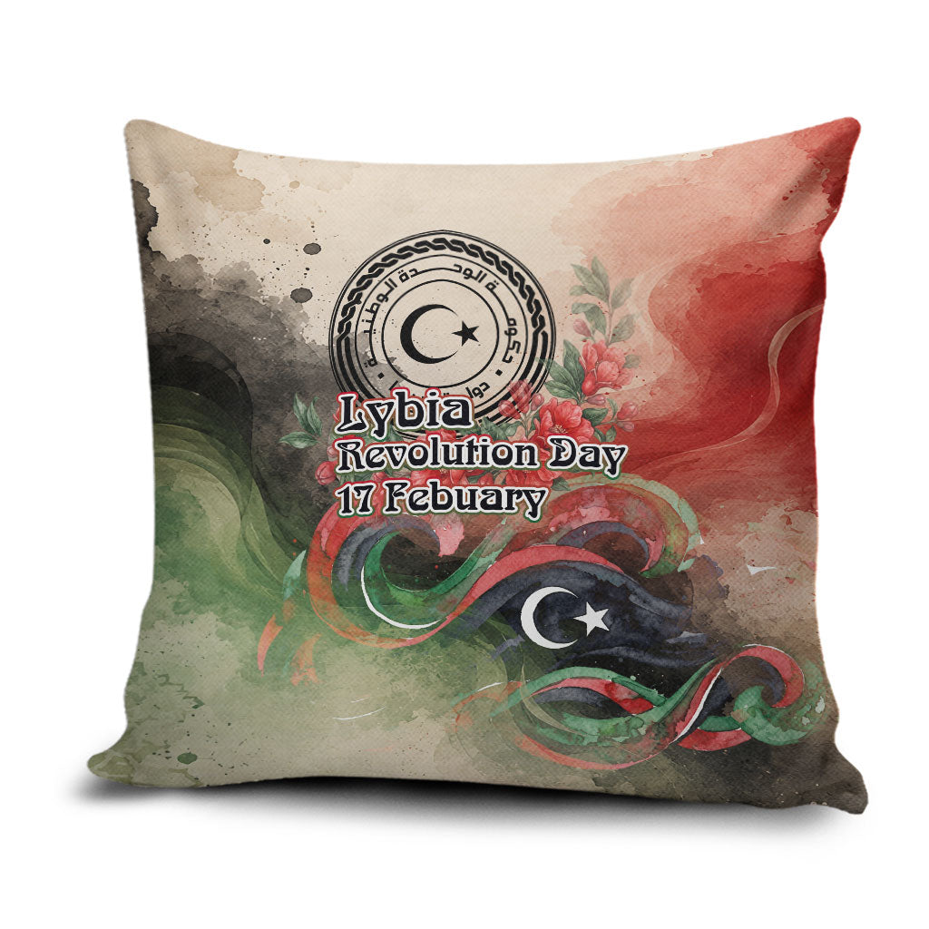 Libya Revolution Day Pillow Cover Libyan National Pride Watercolor Flag Waves Floral
