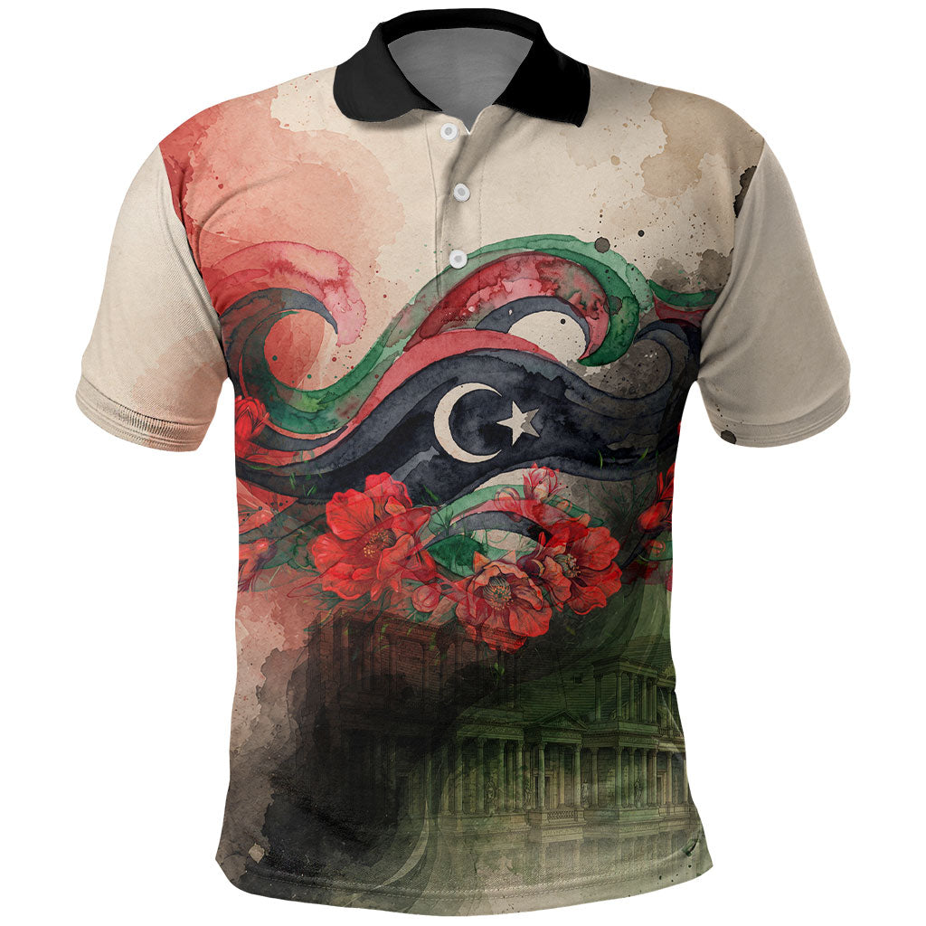 Libya Revolution Day Polo Shirt Libyan National Pride Watercolor Flag Waves Floral