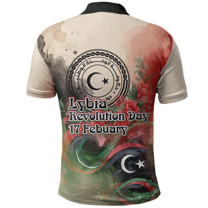Libya Revolution Day Polo Shirt Libyan National Pride Watercolor Flag Waves Floral