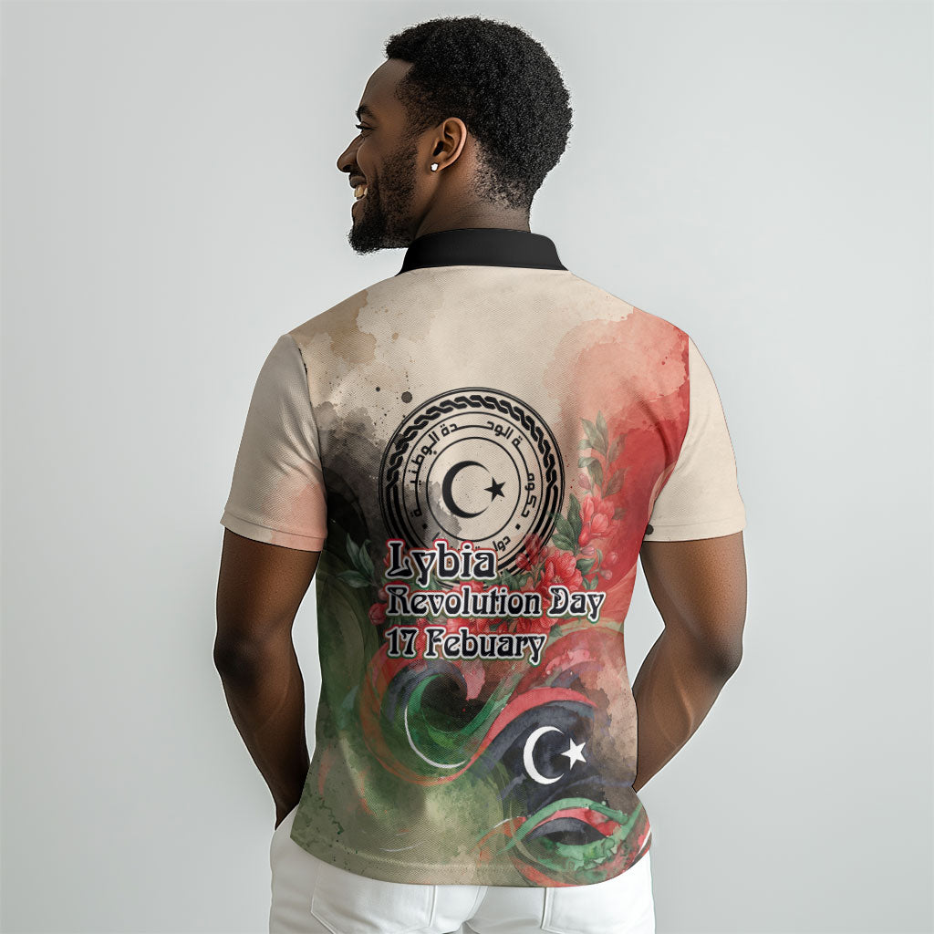 Libya Revolution Day Polo Shirt Libyan National Pride Watercolor Flag Waves Floral