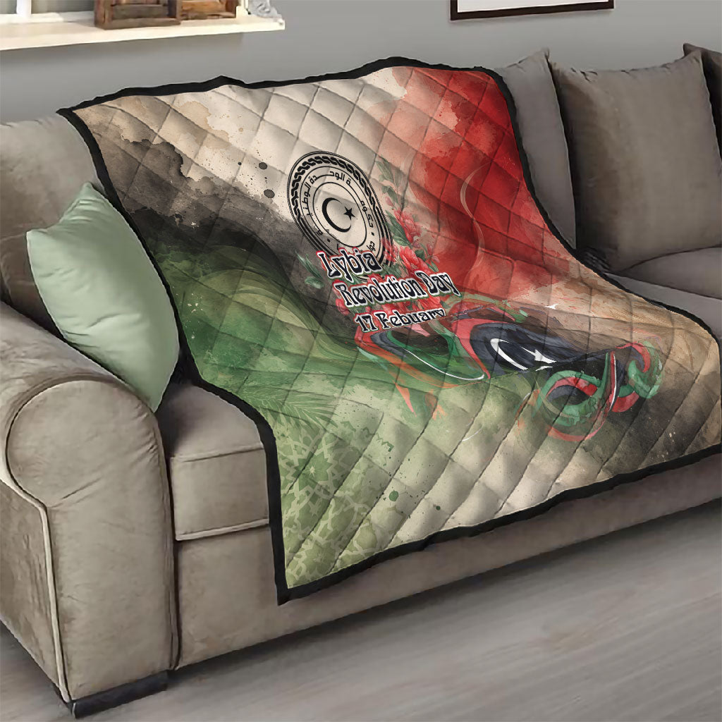 Libya Revolution Day Quilt Libyan National Pride Watercolor Flag Waves Floral