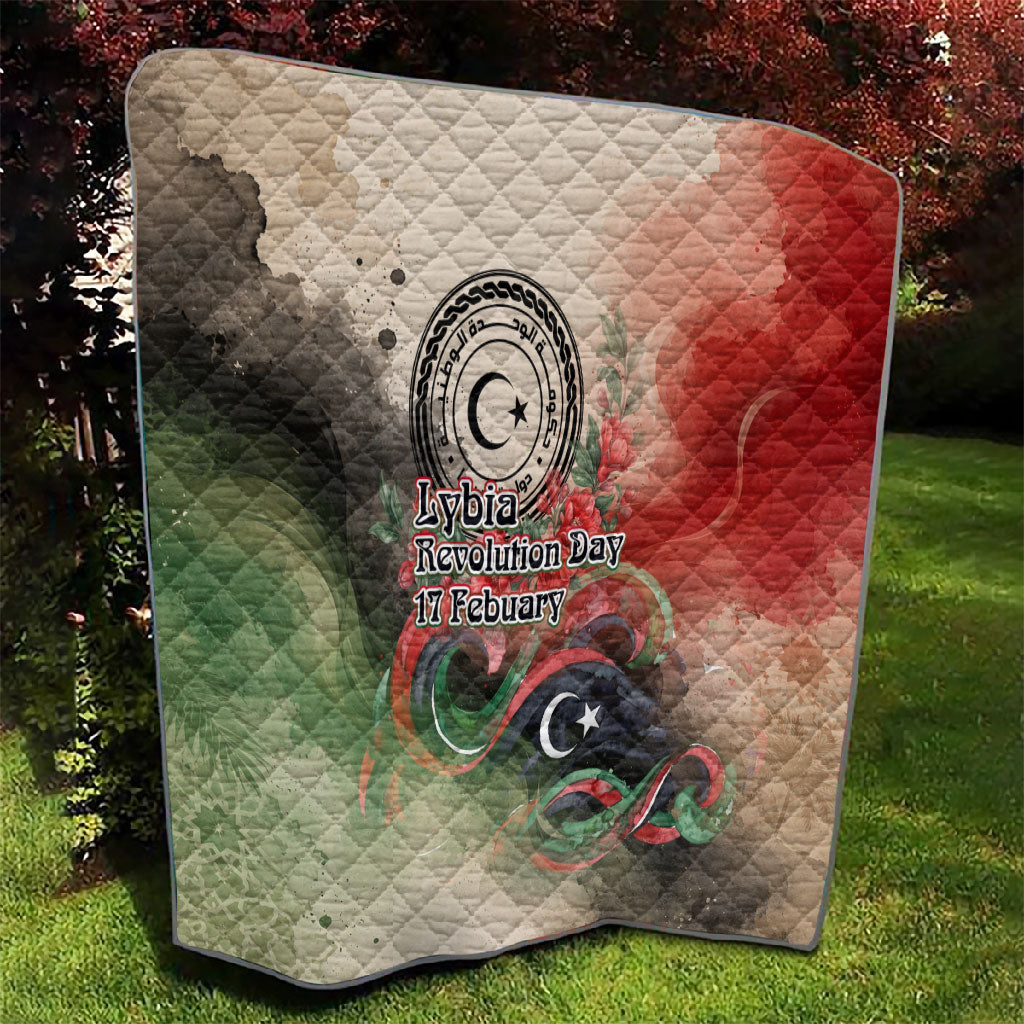 Libya Revolution Day Quilt Libyan National Pride Watercolor Flag Waves Floral