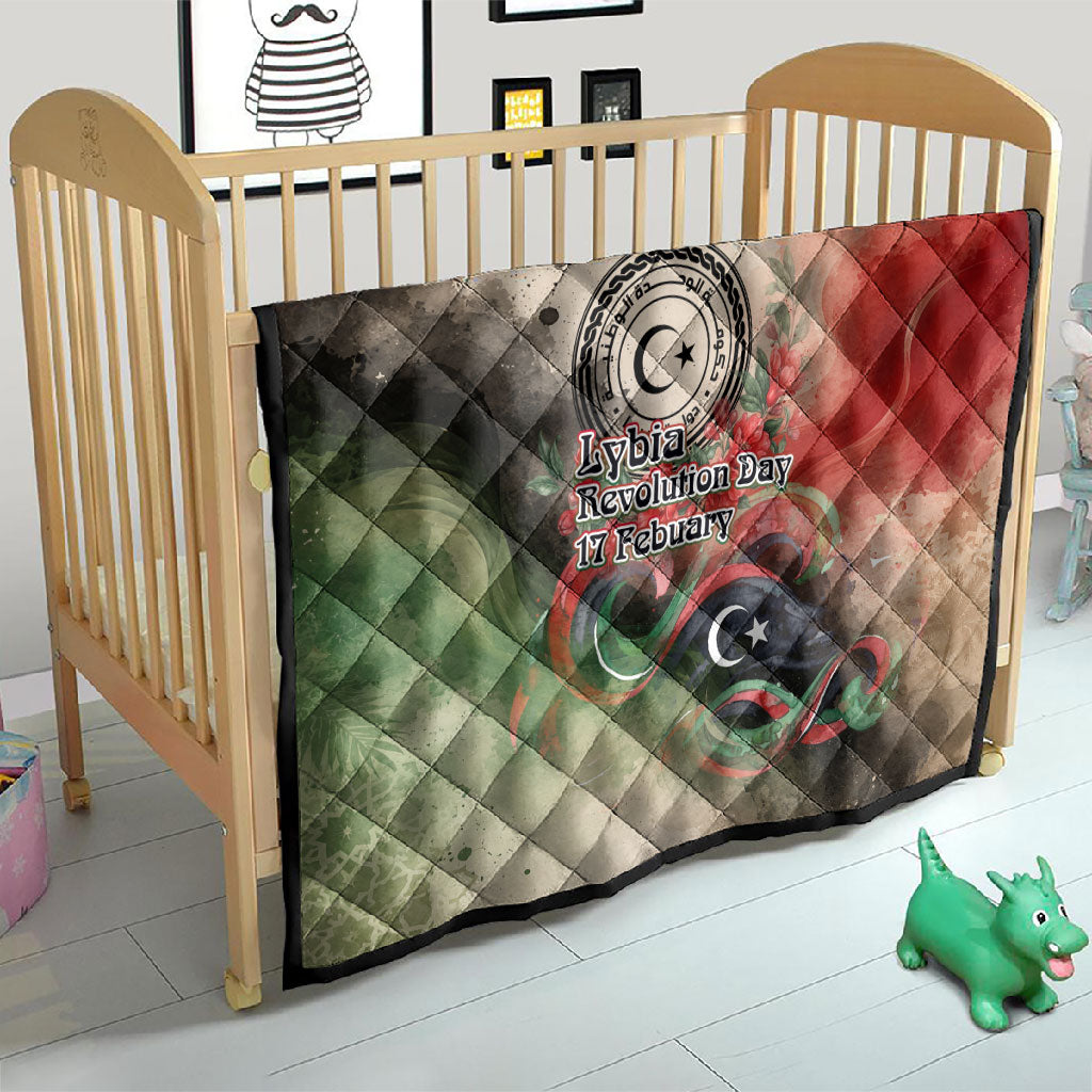Libya Revolution Day Quilt Libyan National Pride Watercolor Flag Waves Floral