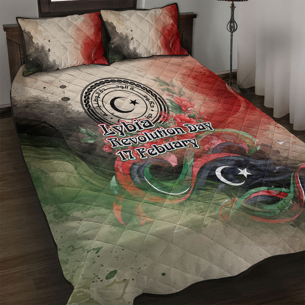 Libya Revolution Day Quilt Bed Set Libyan National Pride Watercolor Flag Waves Floral