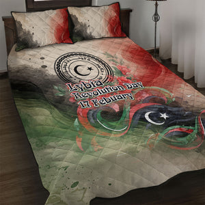 Libya Revolution Day Quilt Bed Set Libyan National Pride Watercolor Flag Waves Floral