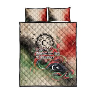 Libya Revolution Day Quilt Bed Set Libyan National Pride Watercolor Flag Waves Floral