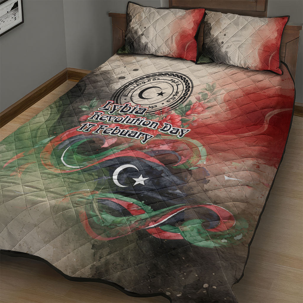 Libya Revolution Day Quilt Bed Set Libyan National Pride Watercolor Flag Waves Floral