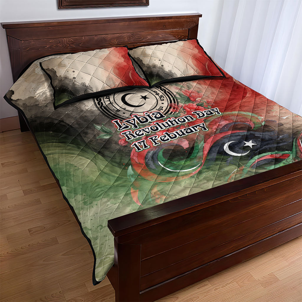 Libya Revolution Day Quilt Bed Set Libyan National Pride Watercolor Flag Waves Floral