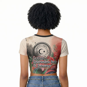 Libya Revolution Day Raglan Cropped T shirt Libyan National Pride Watercolor Flag Waves Floral