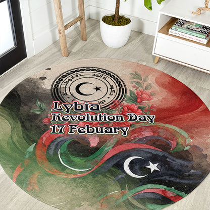 Libya Revolution Day Round Carpet Libyan National Pride Watercolor Flag Waves Floral